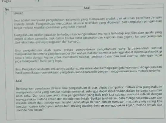 No
 Soal
 Ilmu adalah kumpulan pengetahuan sistematis yang merupakan produk dari aklivitas penelitian dengan melode ilmiah. Pengetahuan merupakan akusisi terendah yang diperoleh dari rangkaian pengalaman tanpa melalui kegiatan penelitian yang lebih intensif
 Pengetahuan adalah jawaban terhadap rasa keingintahuan manusia terhadap kejadian atau gejala yang terjadi di alam semesta bak dalam bentuk fakta dari kejadian atau gejala)konsep (kumpulan dan fakta) atau prinsip (rangkaian dari konsep)
 Ilmu pengelahuan ialah suatu proses pembentukan pengetahuan yang terus-menerus sampai menjelaskan fenomena yang bersumber dari wahyu, hatidan semesta sehingga dapat dipenksa atau dikaji secara kntis dengan tujuan untuk memahami hakikat, landasan dasar dan asal usulnya sehingga dapat juga memperoleh hasil yang logis
 Ilmu Pengetahuan dalam arti lainnya adalah suatu sistem dan berbagai pengetahuan yang didapatkan dari hasil pemeriksaan-pemerik aan yang dilakukan secara teliti dengan monggunakan suatu metode tertentu
 Soal
 Berdasarkan penjelasan definis ilmu pengetahuan di alas dapat disimpulkan bahwa ilmu pengetahuan merupakan usaha yang bersifat multidimensional, sehingga dapat dalam berbagai cara dan tidak baku. Dan cara pencanan ilmu pengetahuan yang baik oleh kita sebagai manusia adalah dengan menggunakan metode ilmiah dan melode non ilmiah. Berikan analisis saudara mengena perbedaan dari metode ilmiah dan metode non ilmiah?Selanjutnya benkan conloh rumusan masalah yang sering kita temukan dalam kehidupan sehari-hari, masing-masing dengan menggunakan kajian melode ilmiah dan metode non ilmiah?