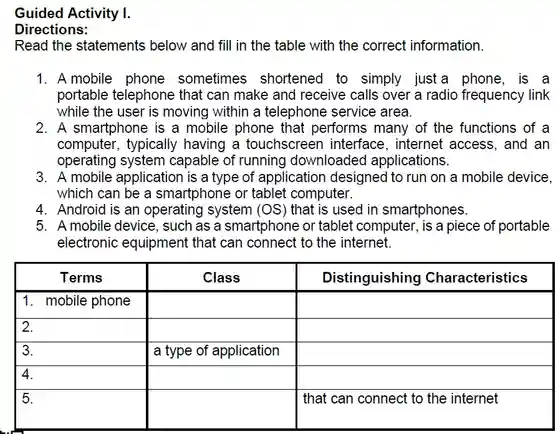 Guided Activity I.
 Directions:
 Read the statements below and fill in the table with the correct information.
 1. A mobile phone sometimes shortened to simply just a phone, is . a portable telephone that can make and receive calls over a radio frequency link while the user is moving within a telephone service area.
 2. A smartphone is a mobile phone that performs many of the functions of a computer, typically having a touchscreen interface, internet access, and an operating system capable of running I downloaded applications.
 3. A mobile application is a type of application designed to run on a mobile device, which can be a smartphone or tablet computer.
 4. Android is an operating system (OS)that is used in smartphones.
 5. A mobile device , such as a smartphone or tablet computer, is a piece of portable electronic equipment that can connect to the internet.
 Terms Class Distinguishing Characteristics 1. mobile phone 2. 3. a type of application 4. 5. that can connect to the internet