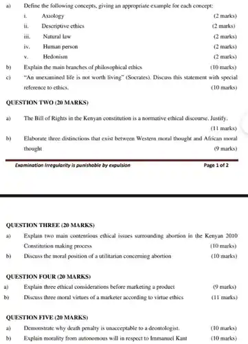 Examination Irregularity is punishable by expulsion
 a) Define the following concepts.giving an appropriate example for each concept:
 i. Axiology
 (2 marks)
 ii. Descriptive ethics
 (2 marks)
 iii. Natural law
 (2 marks)
 iv. Human person
 (2 marks)
 v. Hedonism
 (2 marks)
 b) Explain the main branches of philosophical ethics
 (10 marks)
 c) "An unexamined life is not worth living" (Socrates)Discuss this statement with special reference to ethics.
 (10 marks)
 QUESTION TWO (20 MARKS)
 a) The Bill of Rights in the Kenyan constitution is a normative ethical discourse. Justify.
 (11 marks)
 b) Elaborate three distinctions that exist between Western moral thought and African moral thought
 (9 marks)
 Page 1 of 2
 QUESTION THREE (20 MARKS)
 a) Explain two main contentious ethical issues surrounding abortion in the Kenyan 2010 Constitution making process
 (10 marks)
 b) Discuss the moral position of a utilitarian concerning abortion
 (10 marks)
 QUESTION FOUR (20 MARKS)
 a) Explain three ethical considerations before marketing a product
 (9 marks)
 b) Discuss three moral virtues of a marketer according to virtue ethics
 (11 marks)
 QUESTION FIVE (20 MARKS)
 a) Demonstrate why death penalty is unacceptable to a deontologist.
 (10 marks)
 b) Explain morality from autonomous will in respect to Immanuel Kant
 (10 marks)