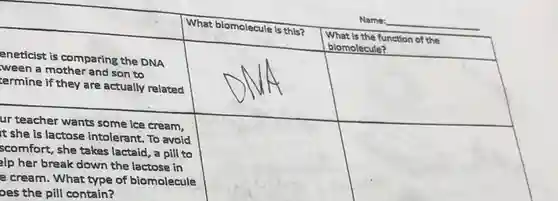 What biomolecule is this? What is the function of the biomolecule? What is the function of the biomolecule? eneticist is comparing the DNA ween a mother and son to termine if they are actually related ur teacher wants some ice cream, t she is lactose intolerant. To avoid scomfort, she takes lactaid, a pill to lp her break down the lactose in e cream. What type of biomolecule What biomolecule is this?	"What is the function of the biomolecule?" eneticist is comparing the DNA ween a mother and son to termine if they are actually related ur teacher wants some ice cream, t she is lactose intolerant. To avoid scomfort, she takes lactaid, a pill to lp her break down the lactose in e cream. What type of biomolecule