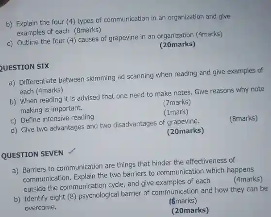 b) Explain the four (4) types of communication in an organization and give examples of each (8marks) c) Outline the four (4) causes of grapevine in an organization (4marks) (20marks) QUESTION SIX a) Differentiate between skimming ad scanning when reading and give examples of each (4marks) b) When reading it is advised that one need to make notes. Give reasons why note making is important. (7marks) c) Define intensive reading (1mark) d) Give two advantages and two disadvantages of grapevine. (8marks) (20marks) QUESTION SEVEN a) Barriers to communication are things that hinder the effectiveness of communication. Explain the two barriers to communication which happens outside the communication cycle, and give examples of each (4marks) b) Identify eight (8) psychological barrier of communication and how they can be overcome. (18marks) (20marks)