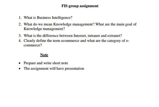 1. What is Business Intelligence?
 FIS group assignment
 2. What do we mean Knowledge management?What are the main goal of Knowledge management?
 3. What is the difference between Internet.intranet and extranet?
 4. Clearly define the term ecommerce and what are the category of e- commerce?
 Note
 Prepare and write short note
 The assignment will have presentation