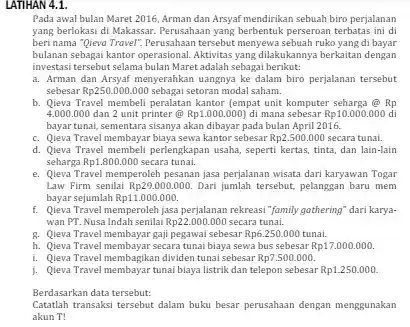 LATIHAN 4.1.
 Pada awal bulan Maret 2016, Arman dan Arsyaf mendirikan sebuah biro perjalanan yang berlokasi di Makassar.Perusahaan yang berbentuk perseruan terhatas mil beri nama "Qieva Travel".Perusahaan tersebut menyewa sebuah ruko yang di bayar bulanan sebagai kantor operasional.Aktivitas yang dilakukannya berkaitan dengan investasi tersebut selama bulan Maret adalah sebagai berikut:
 a. Arman dan Arsyaf menyerahkan uangnya ke dalam biro perjalanan tersebut sebesar $Rp250.000.000$ sebagai setoran modal saham.
 b. Qieva Travel membeli peralatan kantor (empat unit komputer seharga @Rp 4.000.000 dan 2 unit printer (1) $Rp1.000.000)$ di mana sebesar $Rp10.000.000$ di bayar tunai, sementara sisanya akan dibayar pada bulan April 2016.
 c. Qieva Travel membayat biaya sewa kantor sebesar $Rp2.500.000$ secara tunai. d. Qieva Travel membeli perlengkapan usaha, seperti kertas tinta, dan lain-lain seharga $Rp1.800.000$ secara tunai.
 e. Qieva Travel memperoleh pesanan jasa perjalanan wisata dari karyawan Togar Law Firm senilai $Rp29.000.000.$ Dari jumlah tersebut, pelanggan baru mem bayar sejumlah $Rp11.000.000.$
 f. Qieva Travel memperoleh jasa perjalanan rekreasi "family gathering" dari karya- wan PT. Nusa Indah senilai Rp22.000000 secara tunai.
 g. Qieva Travel membayar gaji pegawai sebesar $Rp6.250.000$ tunai.
 h. Qieva Travel membayar secara tunai biaya sewa bus sebesar Rp17.000.000.
 i. Qieva Travel membagikan dividen tunai sebesar Rp7.500.000.
 j. Qieva Travel membayar tunai biaya listrik dan telepon sebesar Rp1.250.000.
 Berdasarkan data tersebut:
 Catatlah transaksi tersebut dalam buku besar perusahaan dengan menggunakan akun T!