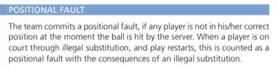 POSITIONAL FAULT The team commits a positional fault, if any player is not in his/her correct position at the moment the ball is hit by the server. When a player is on court through illegal substitution, and play restarts, this is counted as a positional fault with the consequences of an illegal substitution.