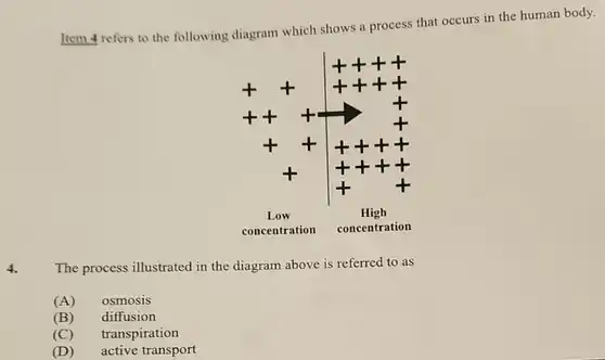 ltem 4 refers to the following diagram which shows a process that occurs in the human body. 4. The process illustrated in the diagram above is referred to as (A) osmosis (B) diffusion (C) transpiration (D) active transport