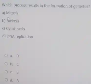 Which process results in the formation of gametes? a) Mitosis b) Meiosis c) Cytokinesis d) DNA replication a. D b. c c. B d. A