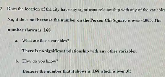 Does the location of the city have any significant relationship with any of the variables No, it does not because the number on the Person Chi Square is over < .005 . The number shown is .168 a. What are those variables? There is no significant relationship with any other variables. b. How do you know? Because the number that it shows is .168 which is over .05