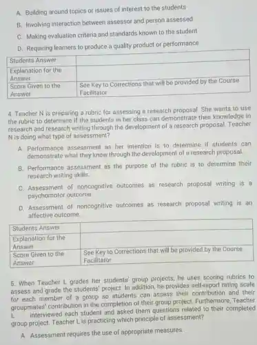 A. Building around topics or issues of interest to the students B. Involving interaction between assessor and person assessed C. Making evaluation criteria and standards known to the student D. Requiring learners to produce a quality product or performance Students Answer Explanation for the Answer Explanation for the Answer Score Given to the Answer Score Given to the Answer See Key to Corrections that will be provided by the Course Facilitator See Key to Corrections that will be provided by the Course Facilitator Students Answer "Explanation for the Answer" "Score Given to the Answer"	"See Key to Corrections that will be provided by the Course Facilitator" Teacher N is preparing a rubric for assessing a research proposal. She wants to use the rubric to determine if the students in her class can demonstrate their knowledge in research and research writing through the development of a research proposal. Teacher N is doing what type of assessment? A. Performance assessment as her intention is to determine if students can demonstrate what they know through the development of a research proposal. B. Performance assessment as the purpose of the rubric is to determine their research writing skills. C. Assessment of noncognitive outcomes as research proposal writing is a psychomotor outcome. D. Assessment of noncognitive outcomes as research proposal writing is an affective outcome. Students Answer Explanation for the Answer Explanation for the Answer Score Given to the Answer Score Given to the Answer See Key to Corrections that will be provided by the Course Facilitator See Key to Corrections that will be provided by the Course Facilitator Students Answer "Explanation for the Answer" "Score Given to the Answer"	"See Key to Corrections that will be provided by the Course Facilitator" When Teacher L grades her students' group projects, he uses scoring rubrics to assess and grade the students' project. In addition, he provides self-report rating scale for each member of a group so students can assess their contribution and their groupmates' contribution in the completion of their group project. Furthermore, Teacher L quad interviewed each student and asked them questions related to their completed group project. Teacher L is practicing which principle of assessment? A. Assessment requires the use of appropriate measures.