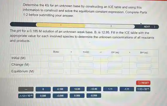 Determine the Kb for an unknown base by constructing an ICE table and using this information to construct and solve the equilibrium constant expression. Complete Parts 1-2 before submitting your answer. 1 2 NEXT The pH for a 0.185M solution of an unknown weak base, B , is 12.95 . Fill in the ICE table with the appropriate value for each involved species to determine the unknown concentrations of all reactants and products. RESET