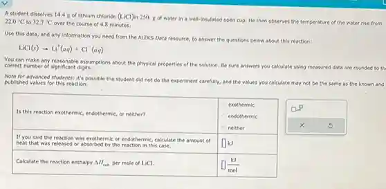 A student dissolves 14.4g of lithlum chloride ( LiCl ) in 250.g of water in a well-insulated open cup. He then observes the temperature of the water rise from 22.0°C to 32.7°C over the course of 4.8 minutes. Use this data, and any information you need from the ALEKS Data resource, to answer the questions below about this reaction: LiCl(s)rarrLi^(+)(aq)+Cl^(-)(aq) You can make any reasonable assumptions about the physical properties of the solution. Be sure answers you calculate using measured data are rounded to th correct number of significant digits. Note for advanced students: it's possible the student did not do the experiment carefully, and the values you calculate may not be the same as the known and published values for this reaction. Is this reaction exothermic, endothermic, or neither? exothermic endothermic neither exothermic endothermic neither If you said the reaction was exothermic or endothermic, calculate the amount of heat that was released or absorbed by the reaction in this case. If you said the reaction was exothermic or endothermic, calculate the amount of heat that was released or absorbed by the reaction in this case. ◻kJ Calculate the reaction enthalpy DeltaH_("ran ") per mole of LiCl . ◻(kJ)/(mol) Is this reaction exothermic, endothermic, or neither?	"exothermic endothermic neither" "If you said the reaction was exothermic or endothermic, calculate the amount of heat that was released or absorbed by the reaction in this case."	◻kJ Calculate the reaction enthalpy DeltaH_("ran ") per mole of LiCl.	◻(kJ)/(mol)