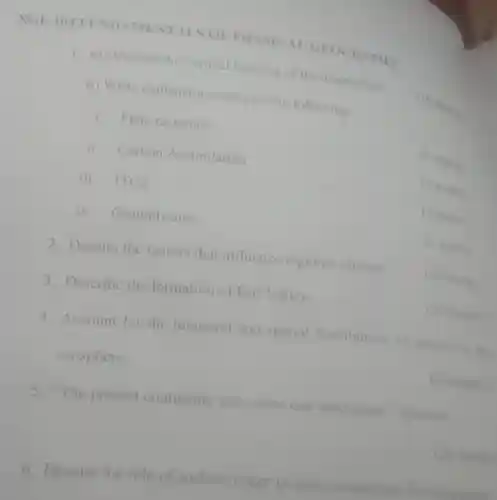 NGE 104 FUNDAMENTALS OF PHYSICAL
 1. a) Describe the vertical layering of the atmosphere.
 b) Write explanatory notes on the following:
 i. Plate tectonics
 ii. Carbon Assimilation
 iii. ITCZ
 (5 marks)
 iv Groundwater
 (5 marks)
 2. Discuss the factors that influence regional climate.
 (5 marks)
 3. Describe the formation of Rift Valley.
 (20 marks)
 4. Account for the temporal
 (20 marks)
 (20 marks)
 5."The present continents were once one land mass'Discuss.
 6. Discuss the role of surface water in socio-ec economic developmen