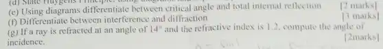 (d) State Huygens doing onlighten that (e) Using diagrams differentiate between critical angle and total internal reflection
 [2 marks]
 (f) Differentiate between interference and diffraction
 [3 marks]
 (g) If a ray is refracted at an angle of $14^circ $ and the refractive index is 1.2, compute the angle of incidence.
 [2marks]