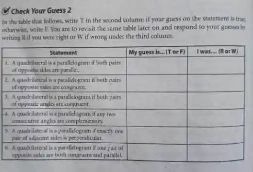 Check Your Guess 2
 In the table that follows, write T in the second column if your guess on the statement is true otherwise, write F. You are to revisit the same table later on and respond to your guesses by writing Rif you were right or W if wrong under the third column.
 Statement My guess is...(T or F) I was... (RorW) 1. Aquadrilateral is a parallelogram if both pairs of opposite sides are parallel. 2. A quadrilateral is a parallelogram if both pairs of opposite sides are congruent. 3. Aquadrilateral is a parallelogram if both pairs of opposite angles are congruent. 4. A quadrilateral is a parallelogram if any two consessive angles are complementary. 5. A quadrilateral is a parallelogram if exactly one pair of adjacent sides is perpendicular. 6. Aquadrilateral is a parallelogram if one pair of opposite sides are both and parallel.