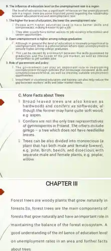 B. The influence of education level on the unemployment rate in a region The level of education has a signif cant inflience on the unemployment rate in a some important points regarding the relationship between education leveland unemployment rate:
 1. The higher the level of education, the lower the unemployment rate:
 education tend to have better skills and competencies, making it easier to get a job.
 a They also usually have better access to job vacancy information and career opportunities
 2. Open unemployment is higher among college graduates:
 Although in general the level of education is inversely to unemployment, there is a phenomenon where open unemployment is actually higher among college graduates.
 This can be caused by a mismatch between the skills possessed by graduates and the needs of the job market, as well as intense competition to get suitable jobs
 3. Role of government and policy:
 The government can play an important role in overcoming unemployment through policies that encourage increased sk ills and competenciesworkforce , as well as creating suitable employment opportunities
 II Investment in vocational education and training can also help reduce the gap between workers' skills and labor market needs.
 C. More Facts about Trees
 Broad-leaved trees are also known as hardwoods and conifers as softwoods, al- though the former may have quite soft wood, e.g. aspen.
 8 Conifers are not the only tree representatives of gymnosperms in Poland. The others include ginkgo - a tree which does not have needlelike leaves.
 Trees can be also divided into monoecious (a plant that has both male and female fowers), e.g. pine, birch beech, and dioecious with separate male and female plants, e.g poplar, willow.
 CHAPTER III
 Forest trees are woody plants that grow naturally in forests.So forest trees are the main components of forests that grow naturally and have an important role in maintaining the balance of the forest ecosystem . A good understanding of the inf lience of education level on unemploymen t rates in an area and further facts about trees