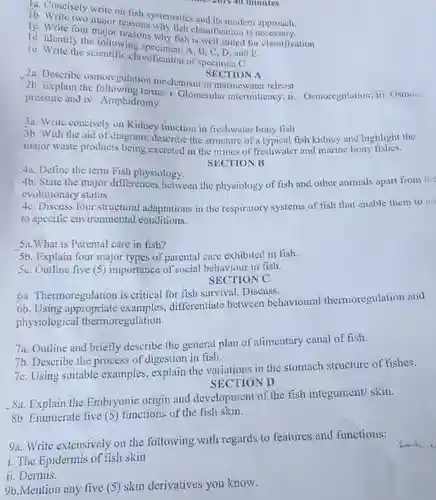 le. Write the scientific classification of specimen C.
 Id. Identify the following A, B,C,D and E.
 C. Write four major reasons why fish classification is
 16. Write two major reasons why fish
 some ans an minutes
 a. Concisely write on fish systematics and its modern approuch.
 2a. Describe osmoregulation mechanism in marinewater teleost
 SECTION A
 2b. Explain the terms: i. Glomerular intermittency; ii.Osmoregulation; iii. Osmone pressure and iv. Amphidromy.
 3b. With the aid of diagram describe the structure of typical fish kidney and highlight the major waste products being excreted in the urines of freshwater and marine bony SECTION B
 3a. Write concisely on Kidney function in freshwater bony fish
 4a. Define the term Fish physiology.
 4b. State the major differences between the physiology of fish and other animals apart from the evolutionary status.
 4C. Discuss four structural adaptations in the respiratory systems of fish that enable them to in to specific environmental conditions.
 5b. Explain four major types of parental care exhibited in fish.
 51. What is Parental care in fish?
 5C. Outline five (5)importance of social behaviour in fish.
 SECTION C
 6a. Thermoregulation is critical for fish survival Discuss.
 6b. Using appropriate differentiate between behavioural thermoregulation and physiological thermoregulation.
 7a. Outline and briefly describe the general plan of alimentary canal of fish.
 7C. Using suitable examples explain the variations in the stomach structure of fishes.
 76. Describe the process of digestion in fish.
 8b. Enumerate five (5)functions of the fish skin.
 -8a. Explain the Embryonic origin and development of the fish integument/ skin.
 9a. Write extensively on the following with regards to features and functions:
 i. The Epidermis of fish skin
 ii. Dermis.
 9b.Mention any five (5) skin derivatives you know.