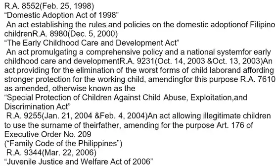 R.A. 8552(Feb. 25 , 1998)
 "Domestic Adoption Act of $1998''$
 An act establishing the rules and policies on the domestic adoptionof Filipino childrenR.A. 8980(DeC. 5 , 2000 ,
 "The Early Childhood Care and Development Act"
 An act promulgating a comprehensive policy and a national systemfor early childhood care and developmentR.A. 9231(Oct. 14, 2003 &Oct.13, 2003)An act providing for the elimination of the worst forms of child laborand affording stronger protection for the working child , amendingfor this purpose R.A. 7610 as amended, otherwise known as the
 "Special Protection of Children Against Child Abuse, Exploitation,and Discrimination Act'
 R.A. 9255(Jan. 21, 2004 &Feb . 4, 2004)An act allowing illegitimate children to use the surname of theirfather, amending for the purpose Art.. 176 of Executive Order $No.209$
 ("Family Code of the Philippines")
 R.A. 9344(Mar. 22, 2006)
 "Juvenile Justice and Welfare Act of $2006''$