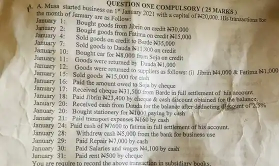 QUESTION ONE COMPULSORY (25 MARKS )
 A. A. Musa started business on $1^tt$
 January 2021 with a capital of $N20,000.$
 His transactions for the month of January are as Follow:
 January 1: Bought goods from Jibrin on credit $N30,000$
 January 2: Bought goods from Fatima on credit $N15,000$
 January 4: Sold goods on credit to Barde $N35,000$
 January 7: Sold goods to Dauda $N11,800$
 on credit
 January 10: Bought car for $N8,000$
 from Soja on credit
 January 11: Goods were returned by Dauda $N1,000$
 January 12: Goods were returned to suppliers as follows: (i) Jibrin $N4,000$
 & Fatima $N1,000$
 January 15: Sold goods $N15,000$
 for cash
 January 16: Paid the amount owed to Soja by cheque
 January 17: Received cheque $N31,500$
 from Barde in full settlement of his account
 January 18: Paid Jibrin $N23,400$
 by cheque & cash discount obtained for the balance.
 January 20: Received cash from Dauda for the balange after deducting discount of $2.5% $
 January 20: Bought stationery for $N1000$
 paying by cash
 January 21: Paid transport expenses  160$
 by cash
 January 24: Paid cash of $N7600$
 to fatima in full settlement of his account.
 January 28: Withdrew cash $N5,000$
 from the bank for business use
 January 29: Paid Repair $N7,000$
 by cash
 January 30: Paid Salaries and wages $N4,100$
 by cash
 January 31: Paid rent $N500$
 by cheque
 You are require to record the above transaction in subsidiary books.