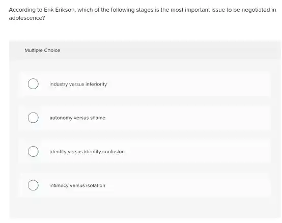 According to Erik Erikson, which of the following stages is the most important issue to be negotiated in adolescence?
 Multiple Choice
 industry versus inferiority
 autonomy versus shame
 identity versus identity confusion
 intimacy versus isolation