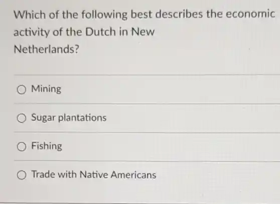 Which of the following best describes the economic activity of the Dutch in New Netherlands?
 Mining
 Sugar plantations
 Fishing
 Trade with Native Americans