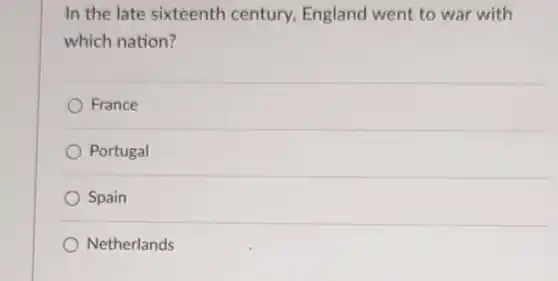 In the late sixteenth century England went to war with which nation?
 France
 Portugal
 Spain
 Netherlands