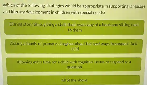 Which of the following strategies would be appropriate in supporting language and literacy development in children with special needs?
 During story time ,giving a child their own copy of a book and sitting next to them
 Asking a family or primary caregiver about the best ways to support their child
 Allowing extra time for a child with cognitive issues to respond to a question
 All of the above