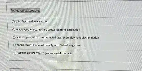 Protected classes are:
 jobs that need reevaluation
 employees whose jobs are protected from elimination
 specific groups that are protected against employment discrimination
 specific firms that must comply with federal wage laws
 companies that receive governmental contracts