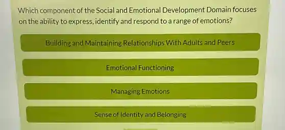 Which component of the Social and Emotional Development Domain focuses on the ability to express ,identify and respond to a range of emotions?
 Building and Maintaining Relationships With Adults and Peers
 Emotional Functioning
 Managing Emotions
 Sense of Identity and Belonging