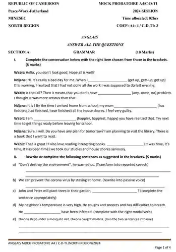 REPUBLIC OF CAMEROON
 Peace-Work-Fatherland
 MINESEC
 NORTH REGION
 SECTION A:
 GRAMMAR
 (10 Marks)
 1. Complete the conversation below with the right item chosen from those in the brackets. (5 marks)
 Wabit: Hello, you don't look good. Hope all is well?
 Ndjana: Hi. It's really a bad day for me. When I __ (get up, gets up,got up) this morning, I realized that I had not done all the work I was supposed to do last evening.
 Wabit: Is that all?Then it means that you don't have __ (any, some, no) problem. I thought it was more serious than that.
 Ndjana: It is !By the time I arrived home from school, my mum __ (has finished, had finished, have finished) all the house chores. I feel very guilty.
 Wabit: I am __ (happier, happiest, happy) you have realized that. Try next time to get things ready before leaving for school.
 Ndjana: Sure, I will. Do you have any plan for tomorrow? I am planning to visit the library. There is a book that I I want to read.
 Wabit: That is great II also love reading interesting books. __ (It was time, It's time, It has been time) we took our studies and house chores seriously.
 II. Rewrite or complete the following sentences as suggested in the brackets. (5 marks)
 a) "Don't destroy the environment", he warned us (Transform into reported speech)
 __
 b) We can prevent the corona virus by staying at home. (rewrite into passive voice)
 __
 c) John and Peter will plant trees in their garden, __ ? (complete the sentence appropriately)
 d) My neighbor's temperature is very high. He coughs and sneezes and has difficulties to breath. He __ have been infected. (complete with the right modal verb)
 e) Owona slept under a mosquito net. Owona caught malaria. (loin the two sentences into one)
 __
 ANGLAIS MOCK PROBATOIRE A4 / C-D-TI/NORTH REGION/2024
 ANGLAIS
 MOCK PROBATOIRE A4/C-D-II
 ANSWER ALL THE QUESTIONS
 Page 1 of 4