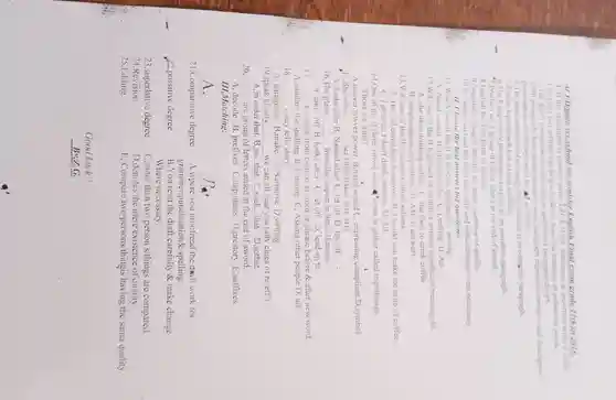 Ar J/D/gada seC.school seC.semister English Final exam grade 11th.in 2016. 1. If the statement is correct write TRUE II the statement is incorrect write FALSE 1.prefixes and suffixes can help a reader to guess the meaning of unfamiliar words. 2.The deve'paragraph are four way,or patterns,of paragraph deve't. J.All atopic sentence same paragraph especially narrative and descriptive para raph donot allways need all scitence. 4. The main objective of a concludin sentence is to complete paragraph.
 9. Superlativ depree denotes the more existence of quality. 10.Revision you read the draft carefully and make changes were necessary. 11. Choose the best answers the questions.
 13.W/C one of the ff is express future actions. A.He will come,here tomorrow. B . I would you make me acup of coffee. C, I promise I don't drink alcohol.D All.
 Thosa are what? A.houyer lawyer,power B.nasal sound C , expressing compliant D,symbol 15. She often __ her child.(takes care of)x
 __ A. takes off B. looks after C. et off D, lead up to.
 17. __ meaning from context at word or phrase before &after new word. A,studing the spelling B,Gussing C. Asking other people D. all 18. __ essay tells story:
 A paragraph B.make C , Narrative D writing. 19,speak clearly __ we can all hear you.(adv .clues of re/eff.). A.in order that B.so ...that C,such...that D,sothat.
 20. __ are group of letters added at the end of aword. A.decode B, prefixes C,happiness D.prestory E,suffixes.
 E, Compare two persons/thingis having the sama quality.
 Good Luck!! BuZ、G.