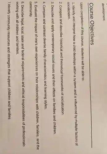 development.
Course Objectives
Upon completion of this course , students will be able to:
1 . Identify and interpret how a child develops within a system and is influenced by multiple factors of
socialization.
2 . Compare and describe historical and theoretical frameworks of socialization.
3 . Describe and apply contemporary social issues and their effects , on families and children.
4 . Compare and contrast diverse family characteristics and learning styles.
5 . Evaluate the impact of one's own experiences on their relationships with children , families , and the
community.
6 . Describe legal , local.state and federal requirements and ethical responsibilities of professionals
working with all children and families.
7.Identify community resources and strategies that support children and families