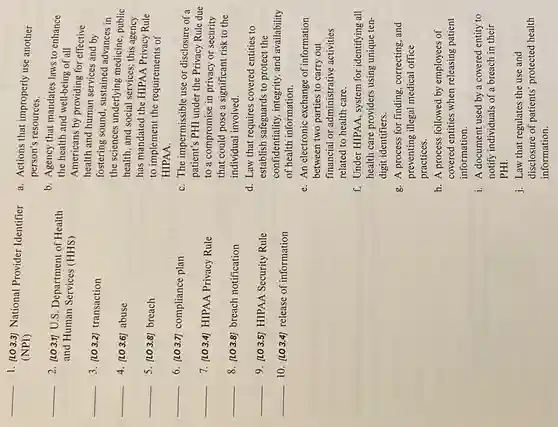 __
1. [LO3,3] National Provider Identifier
(NPI)
__
2. [LO3.1] U.S. Department of Health
and Human Services (HHS)
__ 3. [LO 3.2] transaction
__ 4. [LO 3.6] abuse
__ 5. [LO 3.8] breach
__
6. [LO3.7] compliance plan
__ 7. [LO 3.4] HIPAA Privacy Rule
__ 8. [LO 3.8] breach notification
__
9. (LO 3.5) HIPAA Security Rule
__ 10. [LO3.4] release of information
a. Actions that improperly use another
person's resources.
b. Agency that mandates laws to enhance
the health and well-being of all
Americans by providing for effective
health and human services and by
fostering sound, sustained advances in
the sciences underlying medicine, public
health, and social services this agency
has mandated the HIPAA Privacy Rule
to implement the requirements of
HIPAA.
C. The impermissible use or disclosure of a
patient's PHI under the Privacy Rule due
to a compromise in privacy or security
that could pose a significant risk to the
individual involved.
d. Law that requires covered entities to
establish safeguards to protect the
confidentiality, integrity, and availability
of health information.
e. An electronic exchange of information
between two parties to carry out
financial or administrative activities
related to health care.
f. Under HIPAA, system for identifying all
health care providers using unique ten-
digit identifiers.
g. A process for finding, correcting, and
preventing illegal medical office
practices.
h. A process followed by employees of
covered entities when releasing patient
information.
i. A document used by a covered entity to
notify individuals of a breach in their
j. Law that regulates the use and
disclosure of patients protected health
information.