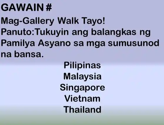 GAWAIN#
Mag-Gallery Walk Tayo!
Panuto :Tukuyin ) ang balangkas , ng
Pamilya Asyano sa mga sumusunod
na bansa.
Pilipinas
Malaysia
Singapore
Vietnam
Thailand