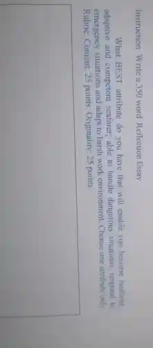 Instruction:Write a 35 word Reflection Essay.
What BEST attribute do you have that will enable you become resilient,
adaptive and competent seafarer able to handle dangerous situations , respond to
emergency situations and adapt to harsh work environment .Choose one attribute only
Rubric:Content:25 points;Originality:25 points
square