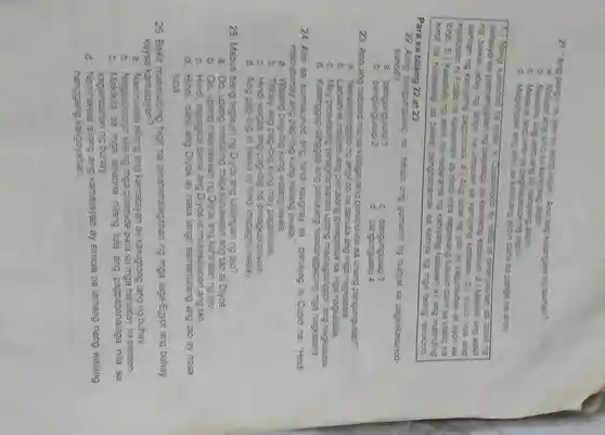 21. "Ang pangit
yan ay aking alipin." Ano ang katangian ng tauhan?
a. Maluo ang amo sa alioin
Mausisa ang amo ang sa alipin
c ang amo sa pagkakaroor ng alipin
d Mapanglait ang amo sa alipin dahil sa pangit na anyo
1. ) Nang sumunod ha araw
Quasimodic ay nultis at pinanusahar
palasyo sa pamamagitan ng paglatigo
sa kaniyang katawan 2.) Matind ang sakit ng bawat latay ng latigo na unnuukit sa katawan
an. 3.) Inisio niya a ang dahilan ng kaniyang 4.) Ang lahat ng iyon ay kagustuhan at ayon sa
kautusar n Hollo na kailanman ay hind niya nagawang tutulan dahil sa utang na
loob. 5.)Kasabay ng sakit na nadarama ng kanjyang katawan ay ang matinding
kirot na nalalasao sa bawait panghahamak sa kaniya ng mga taong naroroon.
Para sa bilang 22 at 23
22 Aling pangungusap sa teksto ang gumamit ng hudyat sa pagkakasunod-
sunod?
a
C.3
pangungusap 7
d pangungusan
23. Ano ang nabatid mo sa kalagayang
panlipunan sa unang pangungusap?
a Nakatatanggap ng angk
na parusa ang mga nagkasala.
b at matindi ipinapataw sa mga nagkasala.
c May prosesong pinagdaraanan upang maipagtanggo ang nagkasala
d . Katanggap-tanggar ang parusang natatanggap ng mga nagkasala.
24. Alin sa sumusunod ang hind kaugnay sa pahayag ni Cupid na. "Hindi
mabubuhay ang pag-ibig kung walang tiwala.
a . Walang pag-ibig kung walang tiwala.
b Titibay ang pag-big kung may pagtitiwala.
C. Hind wagas ang pag-ibig na ipinagkakatiwala.
d. Ang pag-ibig at tiwala ay hindi inagkakativala
25 Mabuti bang taglayin ng Diyos ang ng tạo?
a. 00 upang madaling magkaunawaan ang tao at Diyos
b. OO upang maunawaa nng Diyos ang kahinaan ng tao.
C. Hindi sapagkat banal ang Diyos at makasalana ang tao.
d. Hindi dahil ang Diyos ay nasa langit samantalang ang tao ay nasa
lupa
26. Bakit higit na pinahahalagahan ng mga taga-Egypt ang buhay
kaysa kamatayan?
a Naniniwala silang ang kamatayan ay karugtong lang ng buhay.
b Nagpapatayo silang mga para sa mga na paraon.
c sa mga sinauna nilang tula ang pagpapahalaga nila sa
kagandahan ng buhay.
d Naniniwala silang ang kamatayan ay simula pa lamang nang walang
hanggang kaligayahan.