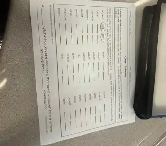 A closed syllable has only one vowel and that vowel is followed by one or more consonants, The vowel has a short
vowel sound. Examples include:hap/pen, mul/lin and problem Hop, pen, muf, fin prob and lem are of closed
syllables.
Read the words below Draw a line to separate the word into syllobles, then write each syloble on the lines Finally,
circle each closed syllable The first has been completed for you.
ab/sent ab (sent)	infant __ __	coctus
__ __
rabbit	__ __	blossom __ __	mognet
__ __
sandwich
__ __	wisdom __ __	selfish
__ __
mammal
__ __	napkin
__ __	gossip
__ __
dentist
__ __ blanket __ __	hundred
__ __
pretzel
__ __	attic
__ __	public
__ __
signal
__ __ gallon
__ __	tunnel
__ __
chipmunk
__ __ bottom
__ __	puppet
__ __
pilgrim
__ __ insect
__ __	reptile
__ __
__
The vowel has a
__
vowel sound.
OGolden Rule Days
__
syllable has only one vowel and that vowel is followed by one or more
syllable has
Fill in the blanks with the correct words.
Date sea jo
Closed Syllables