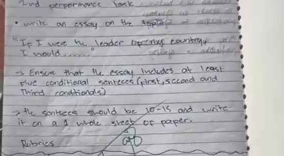 write on essay on the stores
cars rook
If went the leader eyesing to writing.
I would	for the fo
Enson that He essay includes at kest
Third conditionals)
the sentees should
be 10-15 and write
it cn a a wolc sveet of paper.
Rubrics	alpha