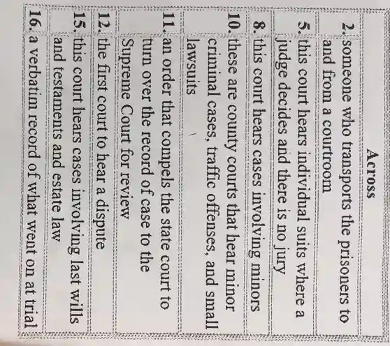 Across
2. someone who transports the prisoners to
and from a courtroom
5.this court hears individual suits where a
judge decides and there is no jury
8. this court hears cases involving minors
10.these are county courts that hear minor
criminal cases,traffic offenses, and small
lawsuits
11.an order that compels the state court to
turn over the record of case to the
Supreme Court for review
12. the first court to hear a dispute
15.this court hears cases involving last wills
and testaments and estate law
16.a verbatim record of what went on at trial