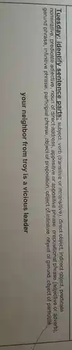 Tuesday identify sentence parts subject,verb (transitive or intransitive)direct object , indirect object predicate
predicate adjective , noun of direct address , appositive or appositive phrase prepositional phrase (adjective or adverb),
gerund phrase ,infinitive phrase participial phrase , object of preposition , object of infinitive gerund participle
your neighbor from troy is a vicious leader