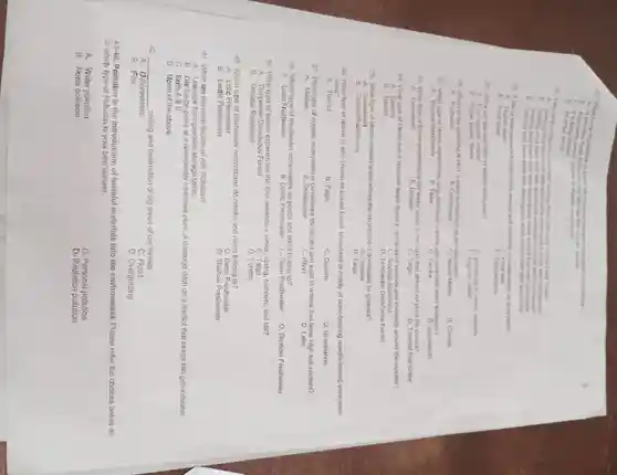 27. What is the importance of plants as source of enorgy in acologion communities?
C. It is living carbon
D. All
28. What is the difference between Grazing food chain and Octrital Food Chain?
B. Grazing food chain start with while detital encle with decomposer
start with mitotrophs while detritul starts with decomposer
D. Grazing food chain start with while debited scarl with
D. Grazing food chain ends with decomposer while delital start with autotrophs
29. A set of interconnected chain which energy and minterials oirculate within an ecosystem.
C. Food web
A. Trophic level
B. Food chain
D. Eloenergetics
30. What are the examples of tertiary consumer?
A. Fox coyotes, eagles
C. grasshoppe , worm, butterfly
D. frog, rat rabbit
31. Which of the following is NOT a basic component of an ecosystem?
A. Producers
B. Consumers
C. Abiotic Matter
D. Climate
32. What type of biome experiences long and harsh winters and extremely short summers?
A. Tropical Rainforesis	B. Taige
c Tundra
D. Grasslands
33. What type of biome experiences low water vapor to the point that almost no plant life occurs?
A. Grasslands
B. Deserts
C. Taiga
D. Tropical Rainforest
34. What type of biome has a fuxuriant forest found in wet tropical uplands and lowlands around the equator?
C. Tropical Rainforest
A. Deserts
B. Tundra
D. Temperate Deciduous Forest
35. What type of biome contain areas where the vegetation is dorninated by grasses?
C. Deserts
A. Grasslands
B Rainforests
D. Taiga
36. What type of biome is also known as boreal forest,composed primarily of cone-bearing needle-leaved evergreen
trees?
A. Tundra
B. Taiga
C. Deserts
D. Grasslands
37. What type of aquatic ecosystem is the largest and exist in waters that have high salt content?
A. Marine	B. Freshwater	C. River	D. Lake
38. Which type of freshwater ecosystems do ponds and lakes belong to?
A. Lotic Freshwater
B. Lentic Freshwater
C. Deep Freshwater
D. Shallow Freshwater
39. What type of biome experiences the four seasons -winter, spring , summer, and fall?
A Temperate Deciduous Forest	Taiga
B.Rainforest
40.Which type of freshwater ecosystems do creeks and rivers belong to?
A. Lotic Freshwater
B. Lentic Freshwater
C. Deep Freshwater
D. Shallow Freshwater
41. What are the main factors of AIR Pollution?
A. Leakage from gasoline storage tanks.
B Discharge pipes at a wastewate treatment plant.A drainage ditch on a feedlot that seeps into groundwater
C.B
D. None of the above
42 __ cutting and destruction of big areas of our forests.
A. Deforestation
C. Flood
B. Fire
D Overgrazing
43-46
Pollution is the introduction of haming materials into the environment Please refer the choices below as
to which type of Pollution is your best answer.
A. Water pollution
C. Personal pollution
B. Noise pollution
D. Radiation pollution