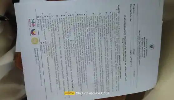 Pangalan:
Baitang/Soksyon:
Department of Coucation
UNANG MARKAHANG PAGSUBULIT SA EDUKASYON I BA PAGPAPAKATAO 9
Taong Panuruan 2024-2025
PANUTO Isulat ang titik ng tamang sagot sa patlang (MALAKING TITK LAMANG)
1. Ayon kay Dr. Manuel Dy, isang propesor ng Pilisoplyn sa Atenco de Manila Univeraity,
ng mga tao ang lipunan at binubup 10 lipunan ang mga tao, ito my
nangangahulugang.
A. Ang tao ang gumagriwa sa lipunan at kaalinsabny nito ay ang lipunan at hinuhubog nis
lipunan ang mga tao.
B. Ang tao ang bumubuo sa lipunan dahil mula sa kanlyang pagsilang ny nariyan na
pamilyang nag-aaruga sa knniva; binubuo ng lipunan ang tao dahil matatagpuan ang turo
sa lahat ng bahagi nito.
C. Ang tao ang bumubuo sa lipunan dahil ang kanilang mga kontribusyon ang nagpapalag?
at nagpapatakbc dito; binubuo ng lipunan ang mga tao dahil ang lipunan ang
sa lahat ng tạo.
a
D. Ang tao ang bumubuo sa lipunan dahil pamilya ang nag-arugn sa tao at dahil matatagpua
(D)
tao sa lahat ng bahagi nito; binubuo ng lipunan ang mga tao dahil sa lipunas
makakami t ang ng kaniyang pagkatao.
2.Ang buhay ng tao ay panlipunan .Ang ay.
__
A. tama dahil sa lipunan lamang siya nakapamumuhay
B. tama dahil lahat ng ating ginagawa at ikinikilos ay nakatuon sa ating kapwa;
C. mali,dahil may mga pagkakataon ang tao ang nagnanais na makaoagisa.
3. "Huwag mong itanong kung ano ang magagawa ng bansa para sa iyo kundi itanong mo Yon
ong
ano ang magagawa mo para sa iyong bansa." Ang mga katagang ito ay winika ni:
A. Aristotle
C. John F. Kennedy
E
4. Ang mga sumusuno d ay hadlang sa ng kabutihang panlahat MALIBAN sa:
sa kanyang pansariling
B . pagkakaroor ng pakiramdam na mas anaki ang naiiambag ng sarili kaysa sa ne
awa
ngiba
. Dakuabahagi D pagkamit nito pagkakait ng tulong para sa kapwa na nangangailangan
nasmamahalan
5. Ano ang dahilan kaya nanatiling isang samahan?Mayroon
__
B gampanin
at nagpapatupad ng batas para sa lipunan?
C. simbahan
Address: Bogo Tomas Oppus,Southern Leyte
School ID 303453
Marka!