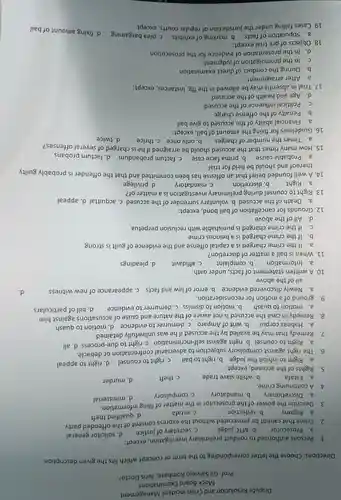 Dispute Resolution and Crisis Incident Management
Prof. Gil Salviejo Rombase Juris Doctor
Mock Board Examinations
Directions:Choose the letter corresponding to the term or concept which fits the given description.
1. Persons authorized to conduct preliminary investigation , except:
a . Prosecutor b. MTC judge C. secretary of justice
d. solicitor general
2. Crime that cannot be prosecuted without the express consent of the offended party.
a. Bigamy b. seduction	C. estafa
d. qualified theft
3. Describe the power of the prosecutor in the matter of filing information.
a . Discretionary b mandatory c compulsory
d ministerial
4.A continuing crime.
a. Right to inhibit the judge b . right to bail
C. right to counsel d right to appeal
6. The right against compulsory subjection to adversarial confrontation or debacle.
a. Right to counsel b . right against self-incrimination C. right to due-process d. all
7. Remedy that may be availed by the accused if he was unlawfully detained.
a. Habeas corpus b writ of Amparo c demurrer to evidence d motion to quash
8. Remedy in case the accused is not aware of the nature and cause of accusations against him
a. motion to quash b. motion to dismiss c . demurrer to evidence d. bill of particulars
9. ground of a motion for reconsideration.
a. Newly discovered evidence b error of law and facts c . appearance of new witness
all of the above
10. A written statement of facts under oath.
a . Information b. complaint C. affidavit d. pleadings
11. When is bail a matter of discretion?
a. If the crime charged is a capital offense and the evidence of guilt is strong
b. If the crime charged is a heinous crime
C. If the crime charged is punishable with reclusion perpetua
d. All of the above
12. Grounds for cancellation of bail bond , except:
a. Death of the accused b . voluntary surrender of the accused C. acquittal d. appeal
13. Right to counsel during preliminary investigation is a matter of?
C.mandatory
d. privilege
14. A well founded belief that an offense has been committed and that the offender is probably guilty
thereof and should be held for trial.
a . Probable cause b prima facie case C. factum probandum d. factum probans
15. How many times that the accused should be arraigned if he is charged of several offenses?
a. Times the number of charges b. only once C. thrice d. twice
16 Guidelines for fixing the amount of bail , except:
a. Financial ability of the accused to give bail
b. Penalty of the offense charge
C. Political influence of the accused
d. Age and health of the accused
17. Trial in absentia may be allowed in the ffg . Instances , except:
a. After arraignment
b. During the of direct examination
C. In the of judgment
d. In the presentation of evidence for the prosecution
18. Objects of pre trial except:
a Stipulation of facts marking of exhibits c . piea bargaining
d. fixing amount of bail
19. Cases falling under the jurisdiction of regular courts,except: