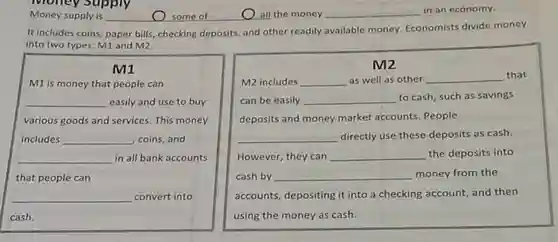 Money supply is
It includes coins, paper bills, checking deposits, and other readily available money Economists divide money
into two types: M1 and M2.
__
__
__
M2
M2 includes __ as well as other __ that
can be easily __ to cash, such as savings
deposits and money market accounts. People
__ directly use these deposits as cash
However, they can __ the deposits into
cash by __ money from the
accounts, depositing it into a checking account, and then
using the money as cash.
__