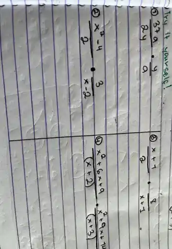 (3+a)/(ay)cdot (y)/(a)
2
(x^2-4)/(2)+(3)/(x-2)
3
(x+1)/(2)+(8)/(x+1)
square 
4
(x^2+6x+9)/((x+2))=(x^2+9x+10)/((x+3))