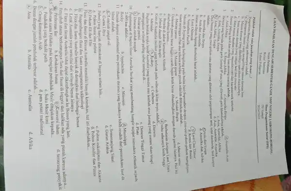 UIAN PENILAIAN TENGAH SEMESTEK GANJIL SMIT NEGERI 2 SIBORONGBORONG Mata Pelajaran Kelas/ Semester Tahun Pelajaran 1. Pengertian Benua yang adalah. __ (B.) Hamparan lautun