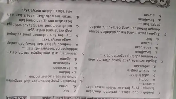 1. Kaidah hidup, aturan perintah, dan/atau larangan yang berlaku dalam masyarakat disebut __ a. norma b. adat istiadat c. hukum negara d. kebiasaan 2.