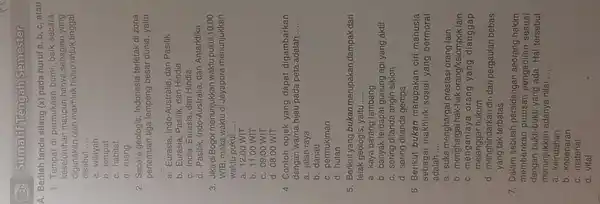 Sumatif Tengah Semester A. Berilah tahda silang (x) pada huruf a b. c, atau 1. Tempat di permukaan bumi, baik secara keseluruhan maupun hanya